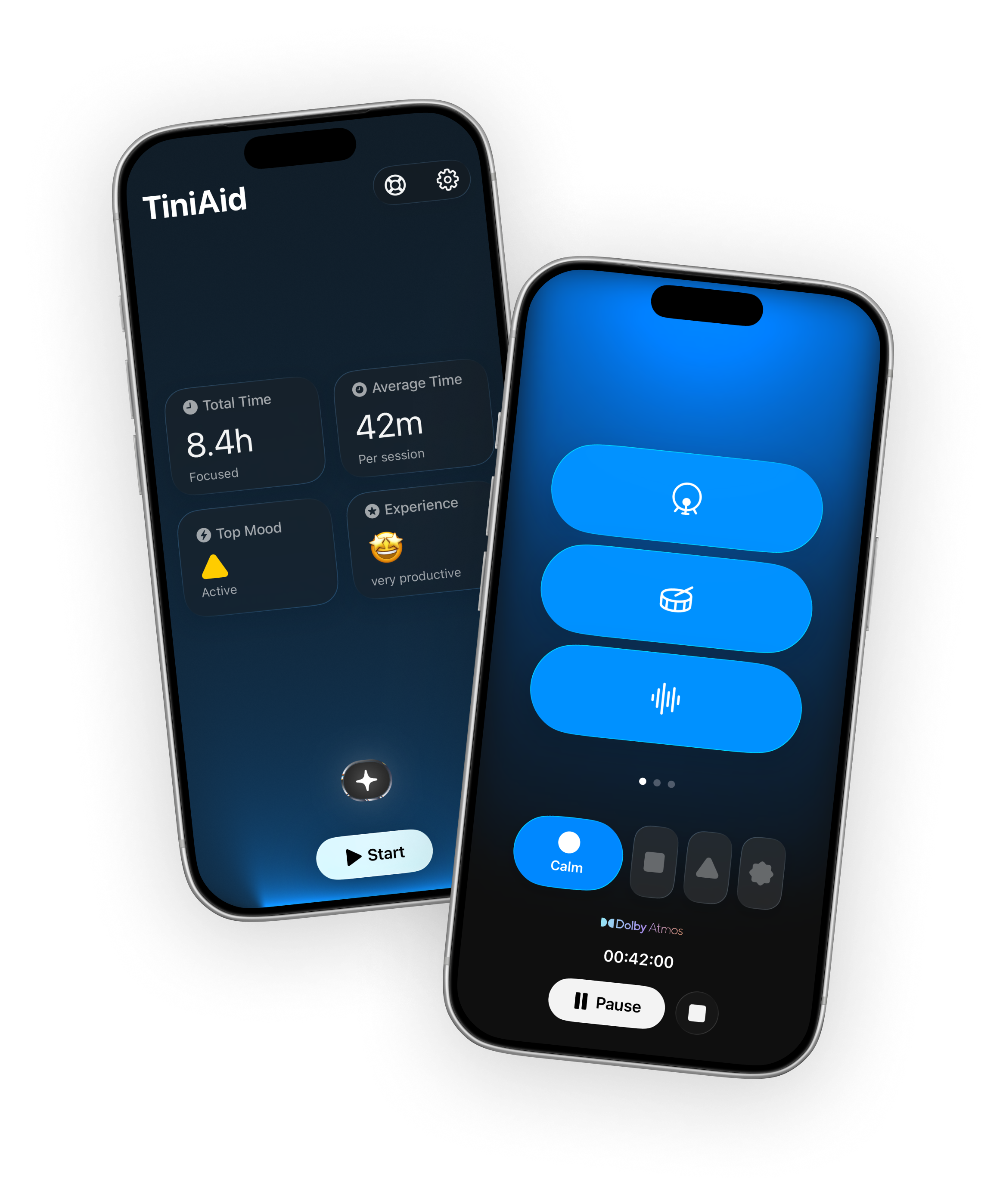TiniAid mobile application mockup showing techno-inspired focus soundscapes